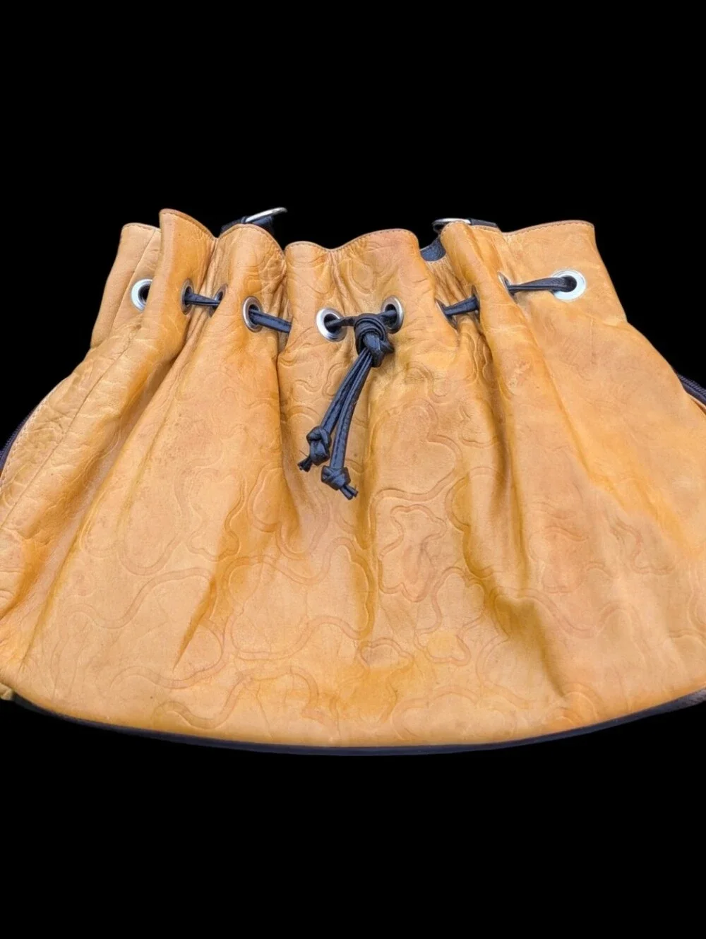 Vintage Leather Drawstring Tote Bag in Tan/Orange